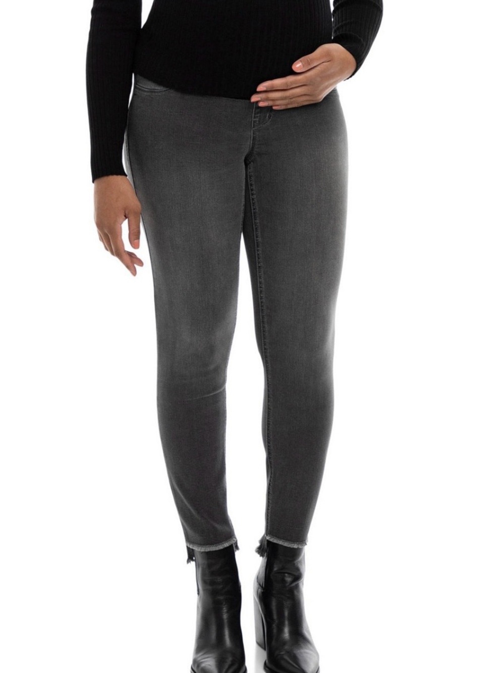 1822 Denim Maternity 28" Ankle Skinny Jeans Raw Hem Gray Bellyband Sz 14/32